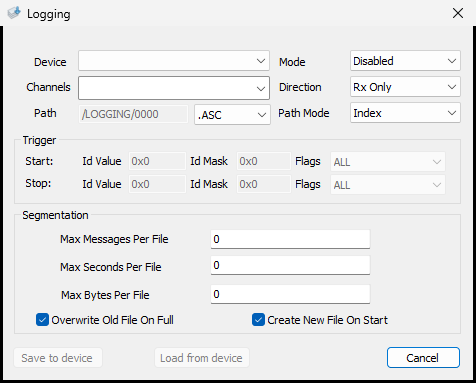 BUSMUST offline logging configuration window