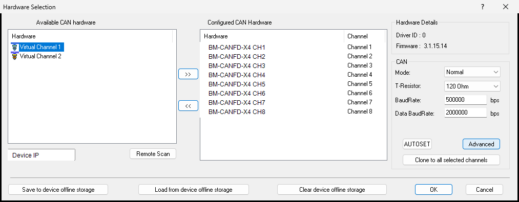 BUSMUST CAN/CAN FD controller selection and channel mapping