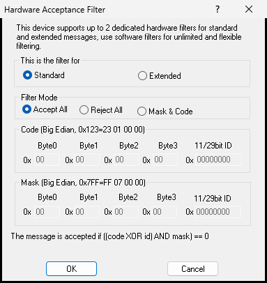 CAN/CAN FD hardware acceptance filter window
