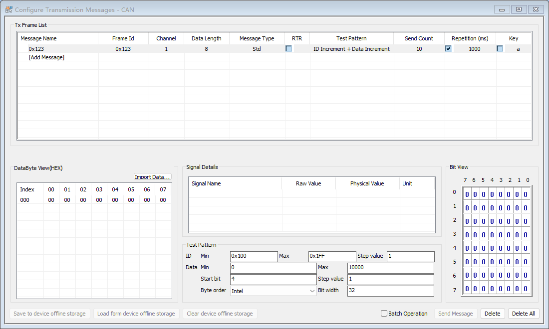 CAN transmit row showing a combined test pattern, finite send count, and repetition period