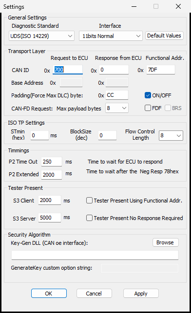 BUSMUST diagnostics settings window