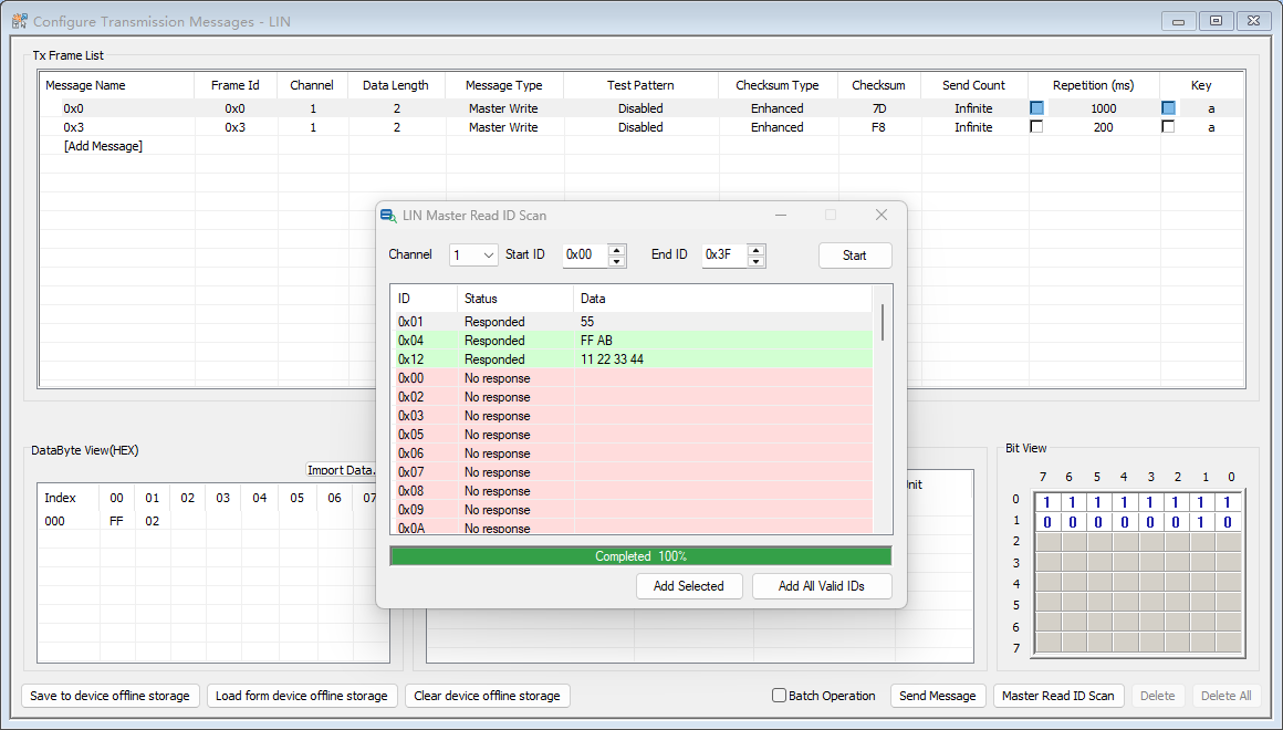 LIN Master Read ID Scan controls in the LIN Transmit Window