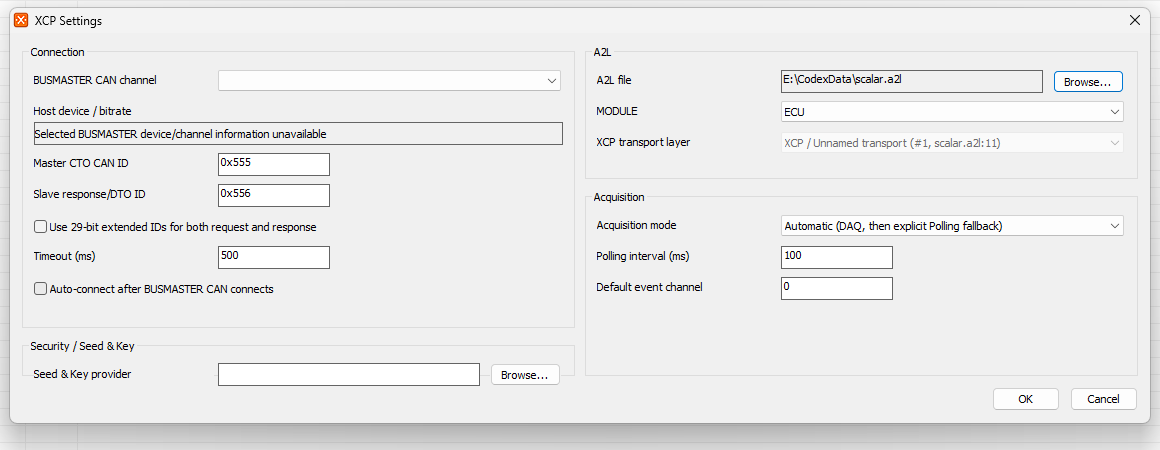 BUSMUST XCP Settings with A2L MODULE and XCP transport-layer selection