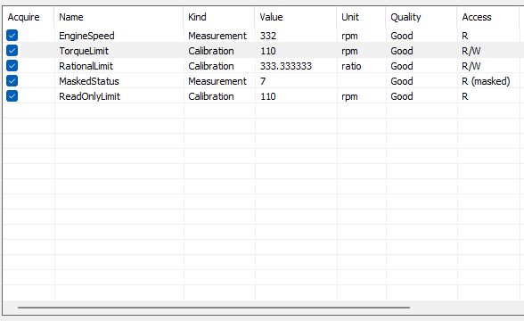 XCP workset with selected objects, live values, units, quality, access, and Acquire check boxes
