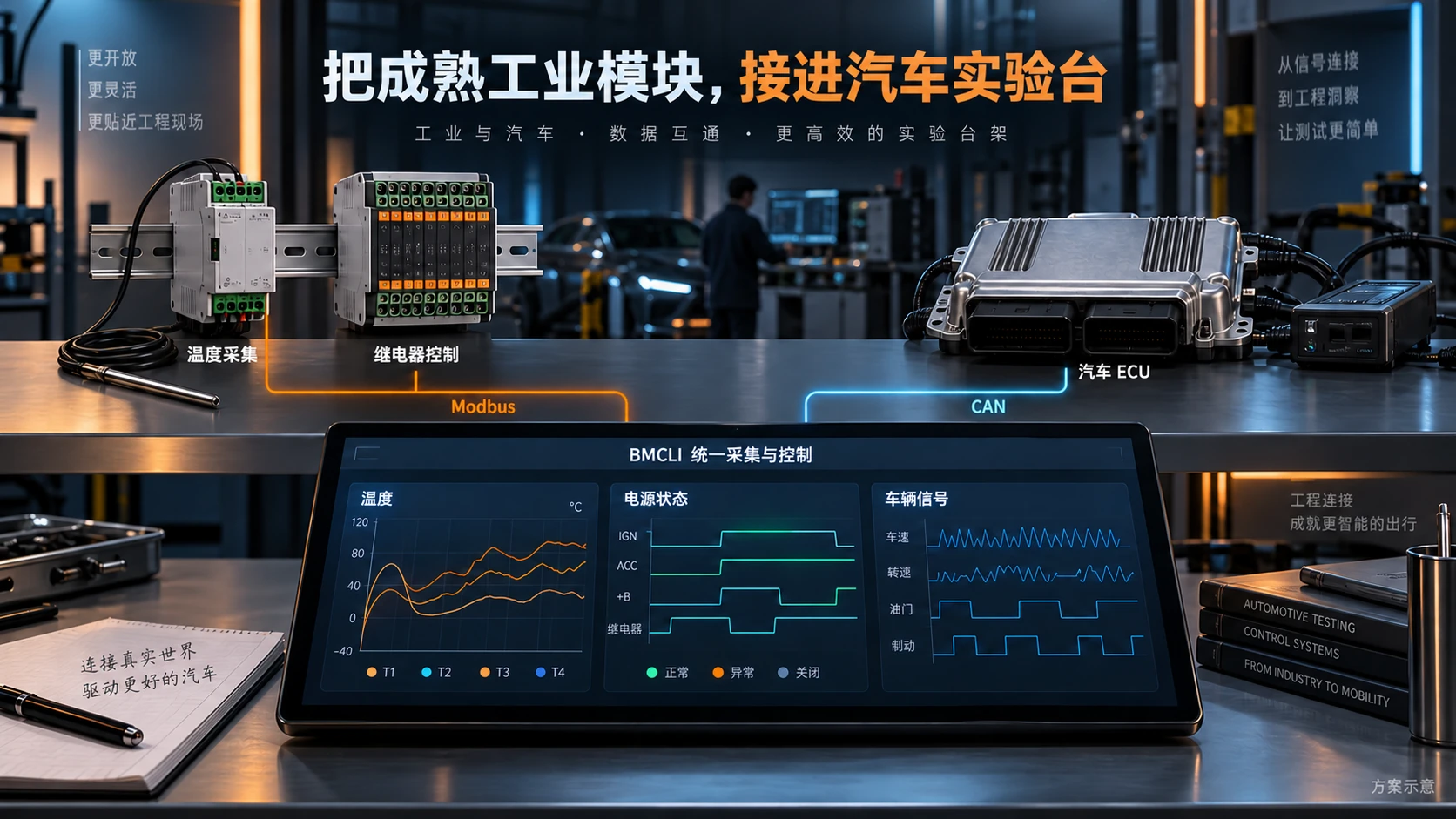 BMCLI connects Modbus temperature acquisition, relay control, and CAN vehicle signals on a bench