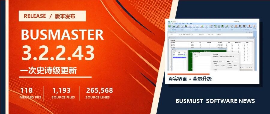 BUSMASTER 中文版 3.2.2.43 发布封面，展示完整中文界面与版本主题