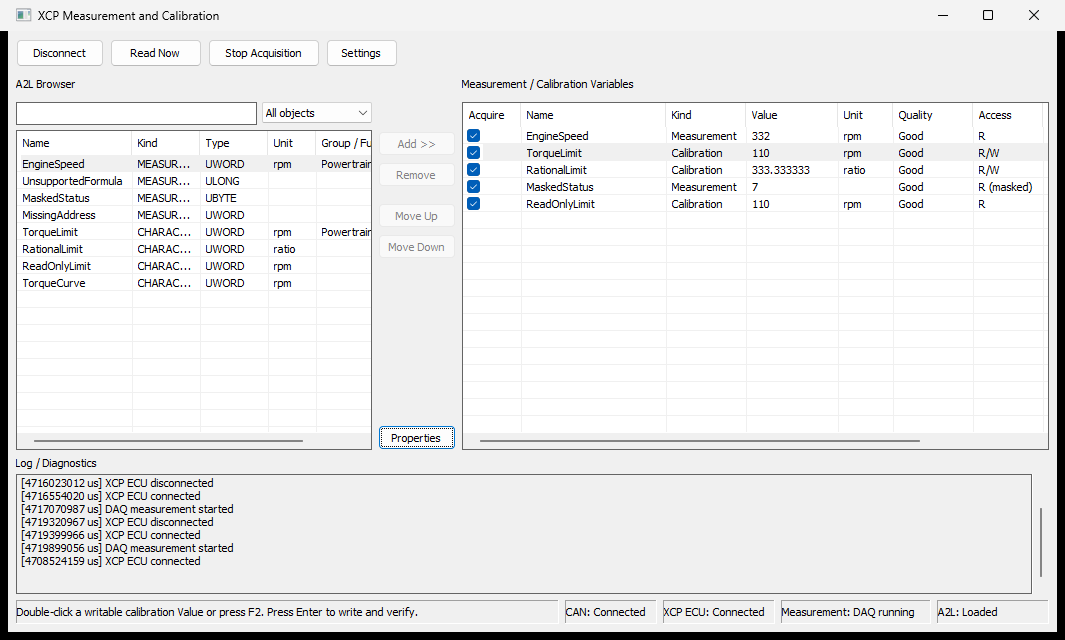 XCP measurement and calibration window in BUSMASTER 3.2.2.44