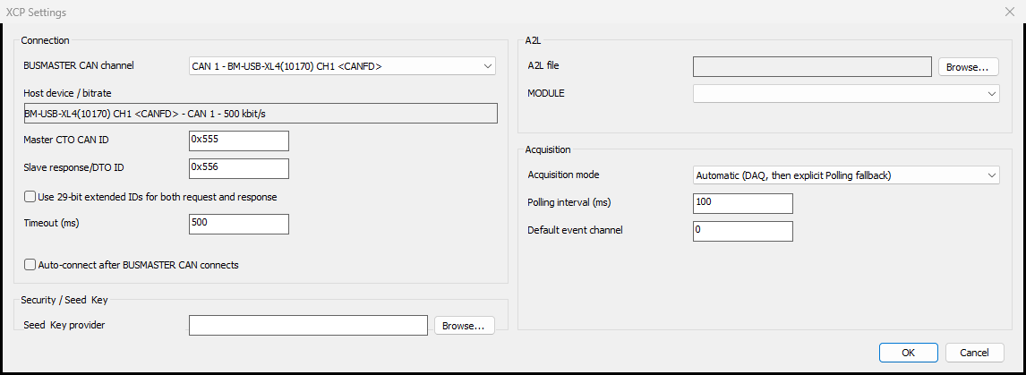 BUSMASTER XCP settings for selecting a CAN channel, configuring CTO and DTO CAN IDs, and loading an A2L file